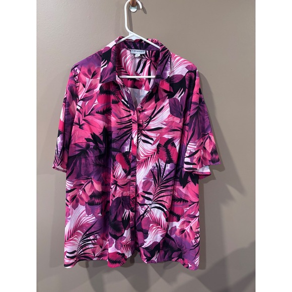 Catherines Tops - Catherines Womens 2X Tropical Palm Leaf Button Front Blouse Pink Purple Black